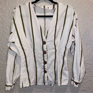 Zara White and Green Striped Blouse with Brown Buttons